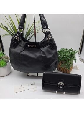 Coach Black Leather Shoulder Bag with Matching Black Wallet
